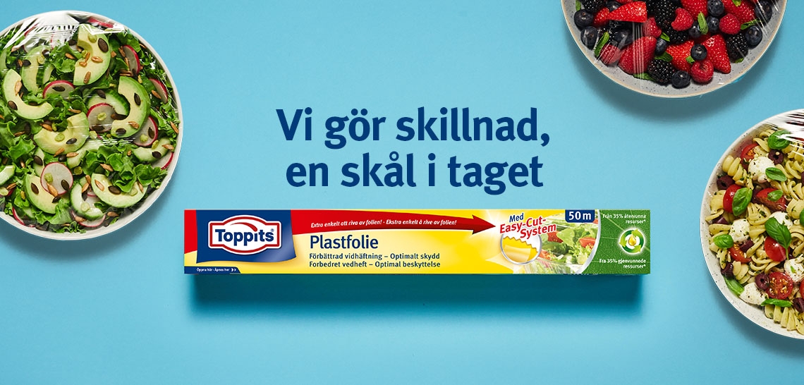 Toppits produkter är tillverkade av 35% återvunna resurer på restavfall från livsmedelsindustrin.