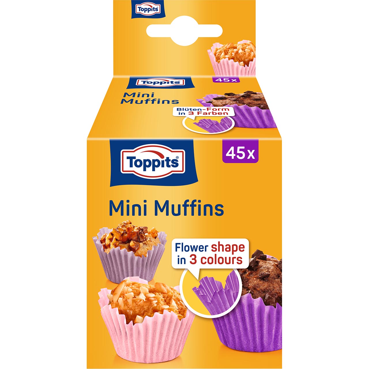 Emballage af Toppits® Mini Muffins papirforme, 45 stk., med farverigt design