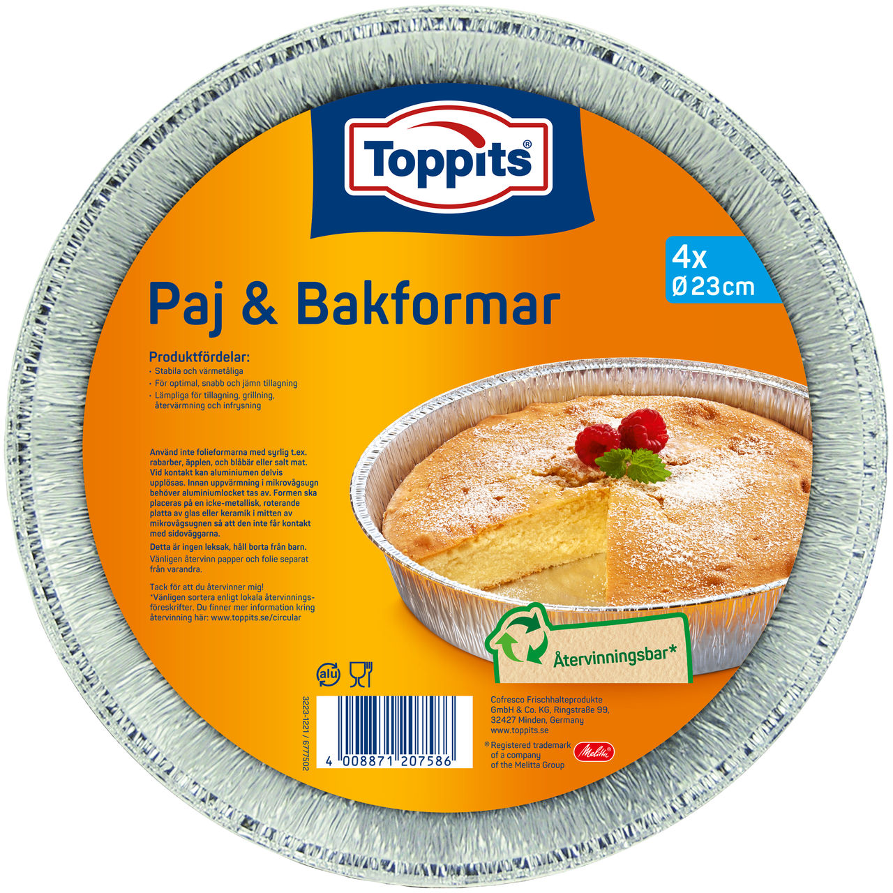 Toppits® Paj & Bakformar, 4 stycken, rund, 23 cm. Visar produktinformation, återvinningsinstruktioner och en bakad paj som exempel