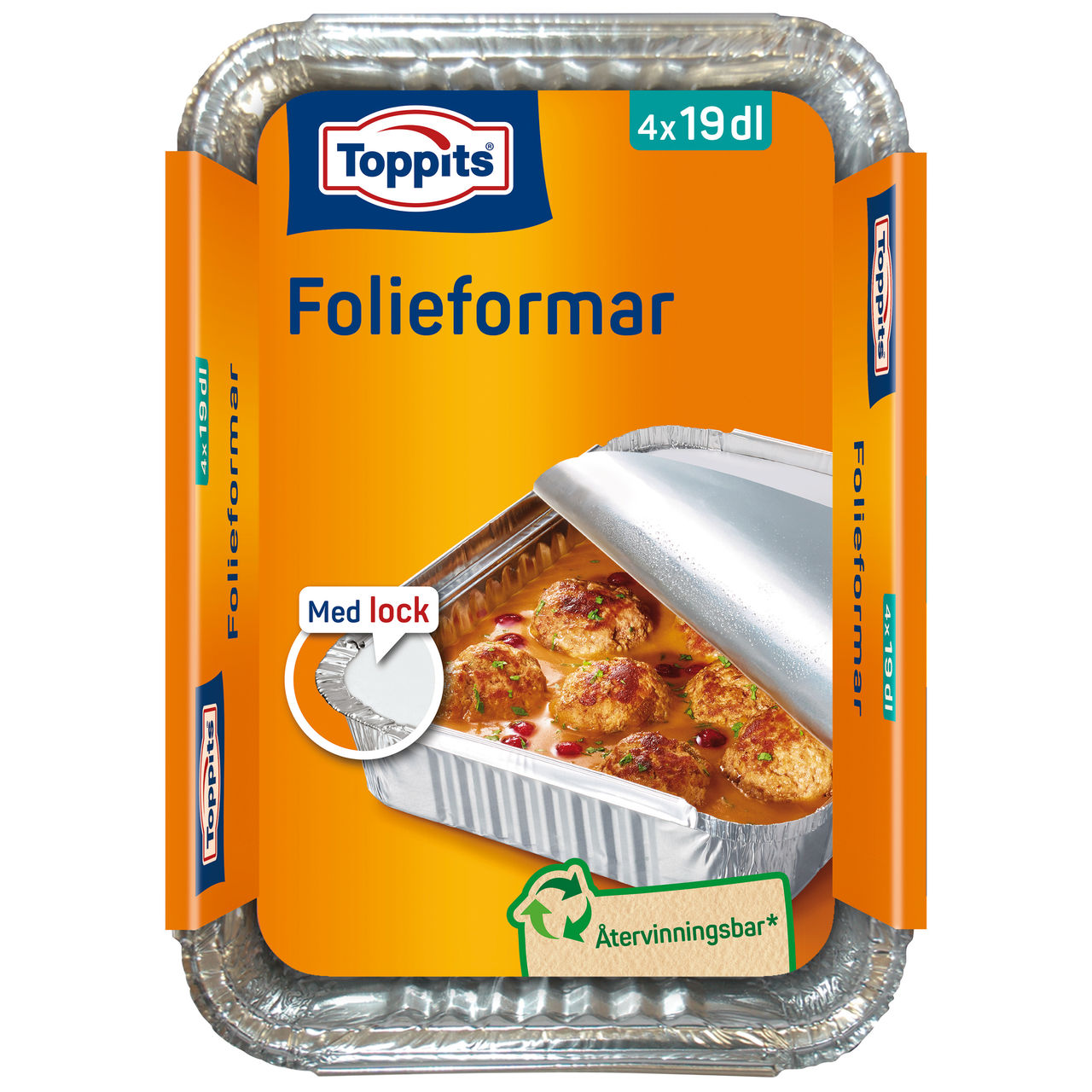 Produktbild av Toppits® Folieform 4x19dl. Förpackningen visar en aluminiumform med tillagad maträtt som exempel