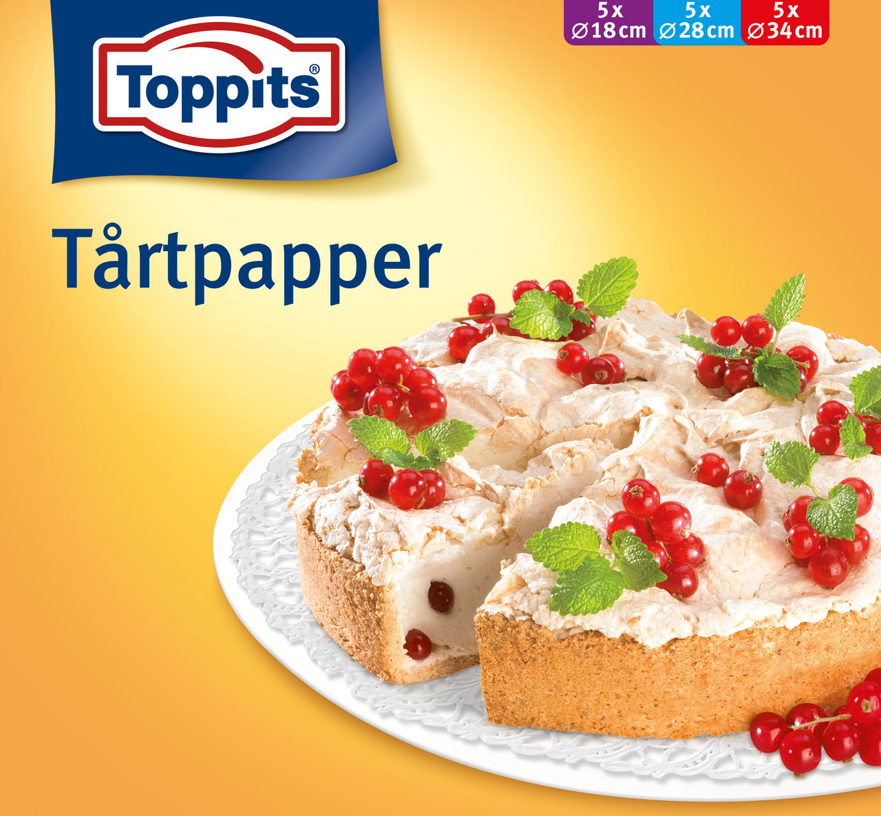 Produktbild av Toppits® Tårtpapper. Förpackningen visar en dekorerad tårta på ett vitt tårtpapper, garnerad med grädde, röda vinbär och mynta