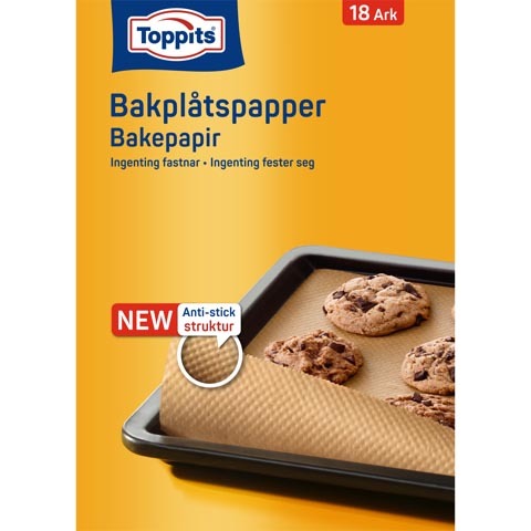 Produktbild av Toppits® bakplåtspapper-förpackning med 18 ark. Förpackningen visar en bakplåt med kakor som exempel