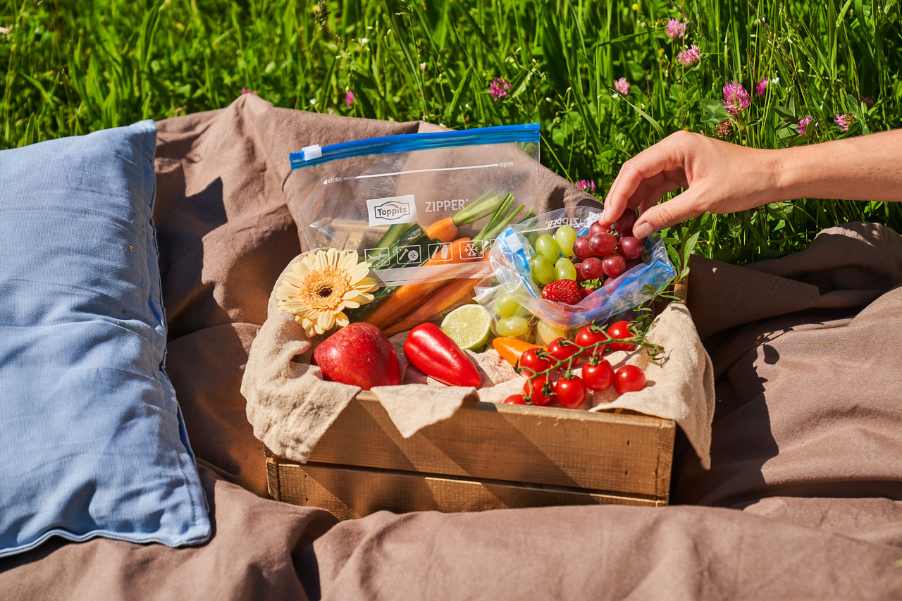 Picknickkiste mit frischem Obst, Gemüse, Trauben in einem Beutel und einem wiederverschließbaren Toppits Zipper Beutel mit Gemüsesticks auf einer Decke im Gras